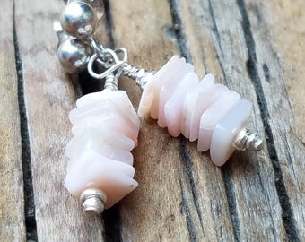 Pink Peruvian Opal Earrings and Hill Tribe Silver, Sterling Silver Post Earrings, Pierced Earrings, October Birthstone, Square Cut Opal