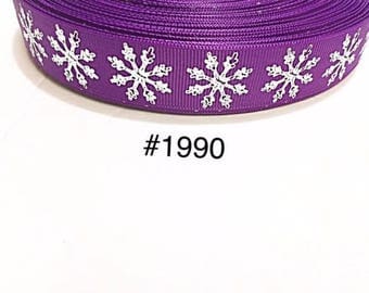 3 or 5 yard - 1" Big Silver Foil Snowflake on Purple Grosgrain Ribbon Hair bow