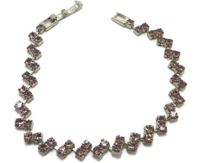 Vintage Tennis Bracelet - Pink Rhinestone Bracelet, Silver Tone Link Bracelet, Angled Rhinestone Bracelet