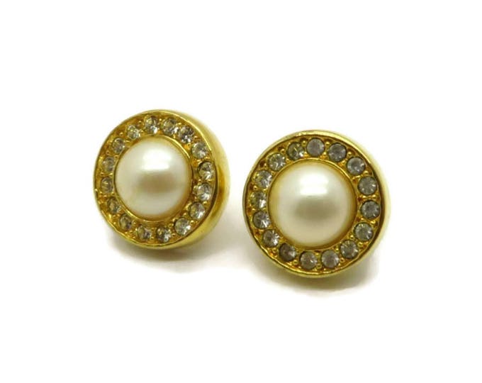 Vintage Pearl & Rhinestone Earrings - Gold Tone Round Pierced Earrings Bridal Jewelry, Gift for Her