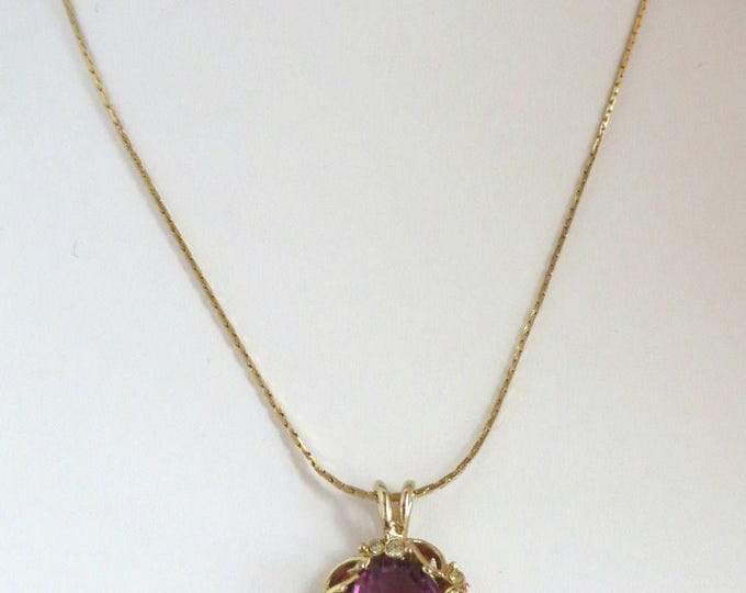 Amethyst Glass Pendant, Vintage Korean Gold Tone Necklace Faceted Glass Pendant