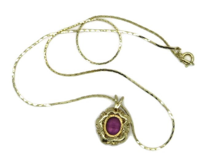 Amethyst Glass Pendant, Vintage Korean Gold Tone Necklace Faceted Glass Pendant