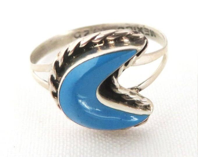 Vintage Turquoise Crescent Ring, Mexico Sterling Silver Braided Ring, Size 7