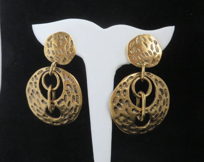 Vintage Chicos Dangling Disc Earrings - Gold Tone Cavewoman Clip-ons, Gift for Her