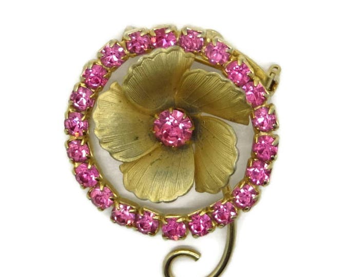 Pink Rhinestone Brooch, Vintage Gold Tone Floral Sparkly Circle Pin, Gift idea