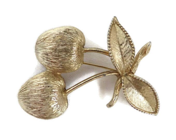 Sarah Coventry Cherries Brooch, Vintage Gold Tone Fruit Pin, 1960s Jewelry