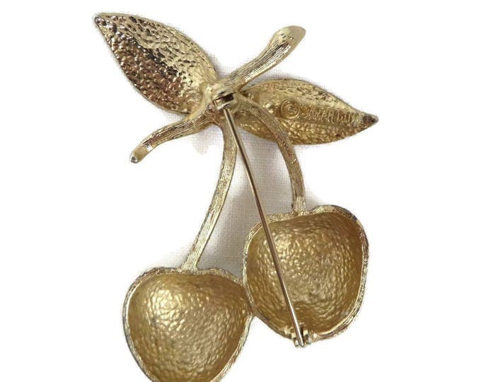 Sarah Coventry Cherries Brooch, Vintage Gold Tone Fruit Pin, 1960s Jewelry