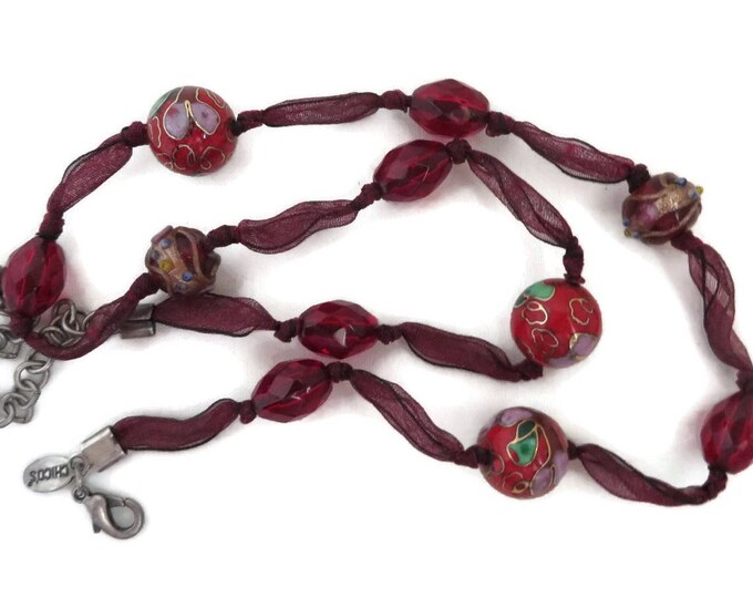 CHICO'S Ribbon Necklace, Red Bead, Cloisonne Necklace, Boho Jewelry, Gift for Her