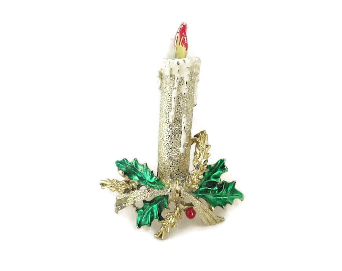 Vintage Brooch - Gerrys Christmas Candle Brooch, Holly Berry Bow Enamel Gold Tone Pin