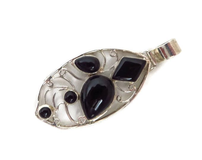 Sterling Silver Onyx Pendant - Vintage Black Onyx, Openwork Silver, Oval Pendant, Unique Perfect Gift, Gift Box