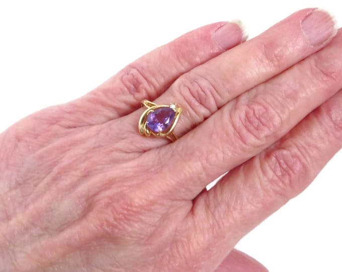 Amethyst & Diamond Ring, 14K Gold Ring - Vintage Pear Shaped Amethyst and Diamond Accent Ring, 1.25 Carats, Gift for Her, Size 6