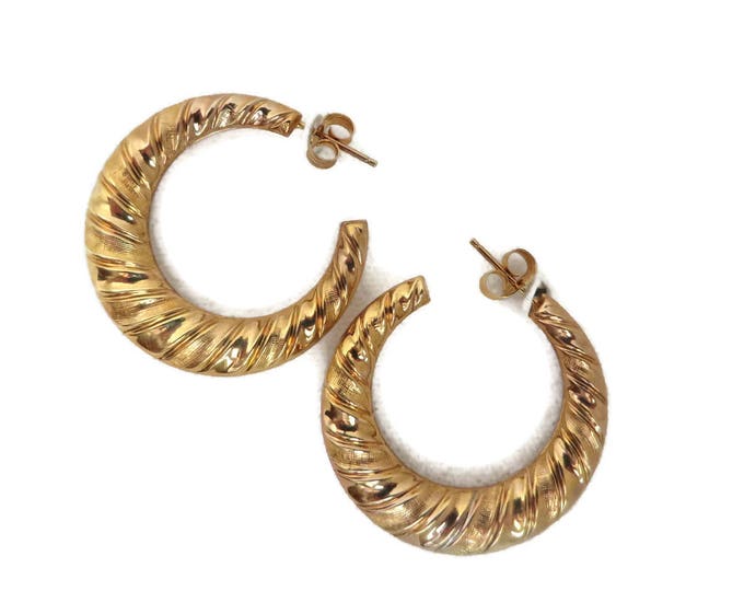 Vintage 14K Gold Hoop Earrings - Ridged Gold Pierced Stud Earrings, New Old Stock Gold Jewelry