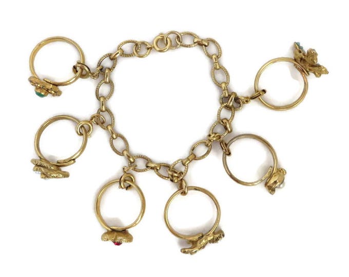 Vintage Charm Bracelet - Gold Tone Ring Charms Link Bracelet, Gift for Her