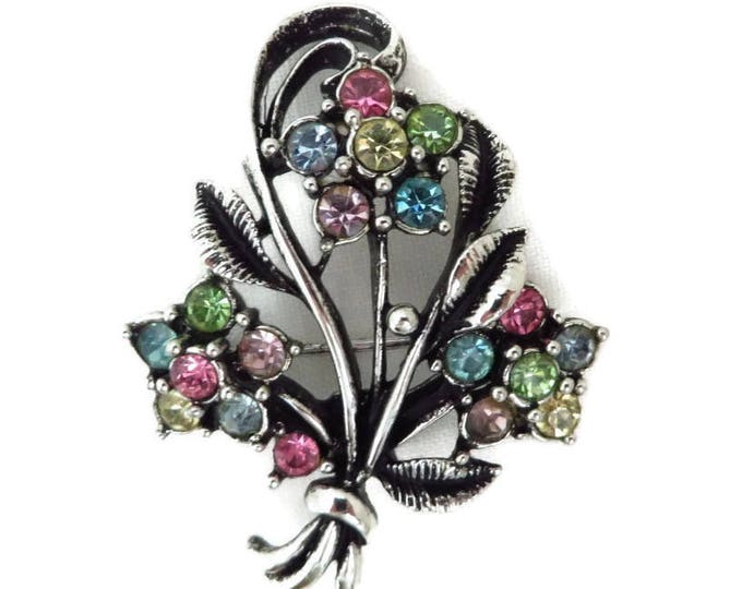 Vintage Flower Corsage Brooch - Silver Tone Rhinestone 1950s Floral Bouquet Pin