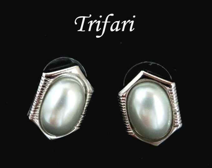 Trifari Faux Pearl Earrings, Vintage Silver Tone Pierced Stud Earrings, Signed Designer Jewelry