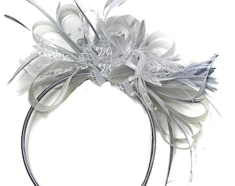 Grey Silver Fascinator on Headband AliceBand UK Wedding Ascot Races Loop