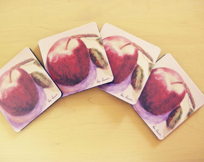 RED APPLE COASTERS 4-piece Set created by Pam Ponsart of Pam's Fab Photos from her watercolor painting