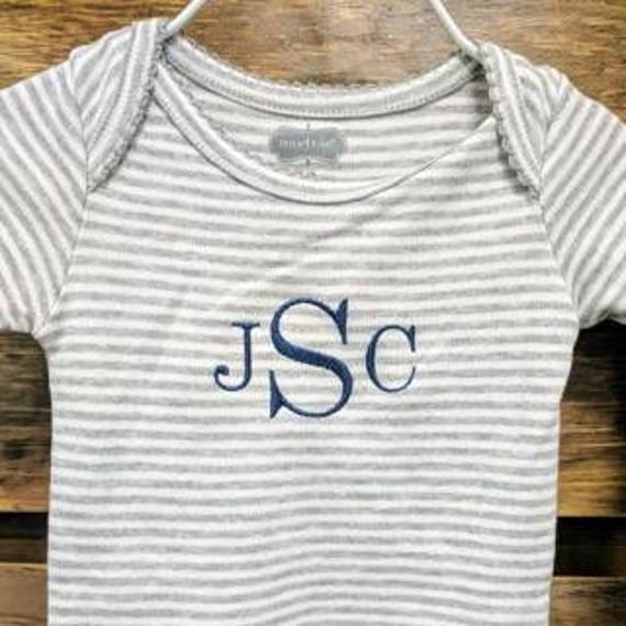 Newborn and Infant Baby Gown with Gray Stripes and Emrboidery.