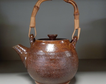 Hand-thrown Stoneware Red Brown Bamboo Handle Tea Pot