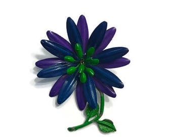 Vintage Tropical Flower Brooch, Purple and Green Enamel Flower Brooch, Mod Flower Pin, Flower Power Brooch, Costume Jewelry
