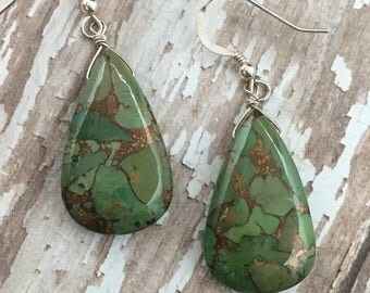 Green Mojave Turquoie Earrings, Green Stone Earrings, Copper Earrings, silver Earrings, Gemstone Earrings, Earrings Under 150