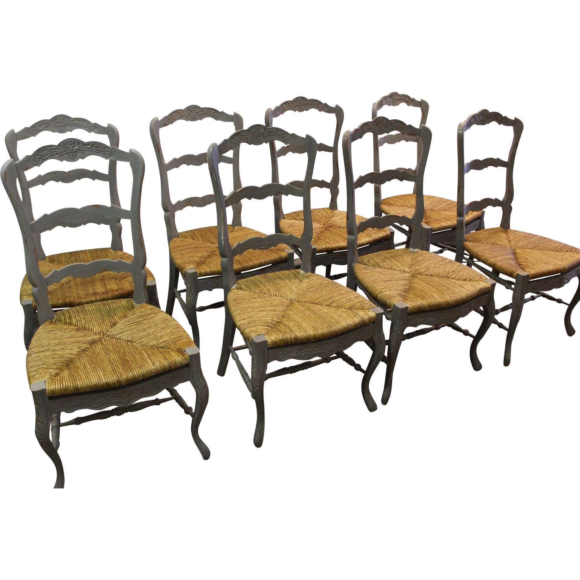 French Country Dining Chairs Carved 3Rung LadderBack Rush Seat Gray Country Farm Rustic Dining
