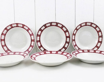 Antique ceramic plates - French vintage plate, Soup bowls, Geometric pattern, Red transferware, Red Kitchen Decor, Ironstone Plates E470