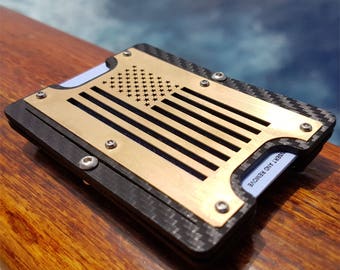 The Patriot Brass Steampunk Edition. Holstex Tactical Wallet With Multitool and Steampunk Style Brass RFID Blocking Plate