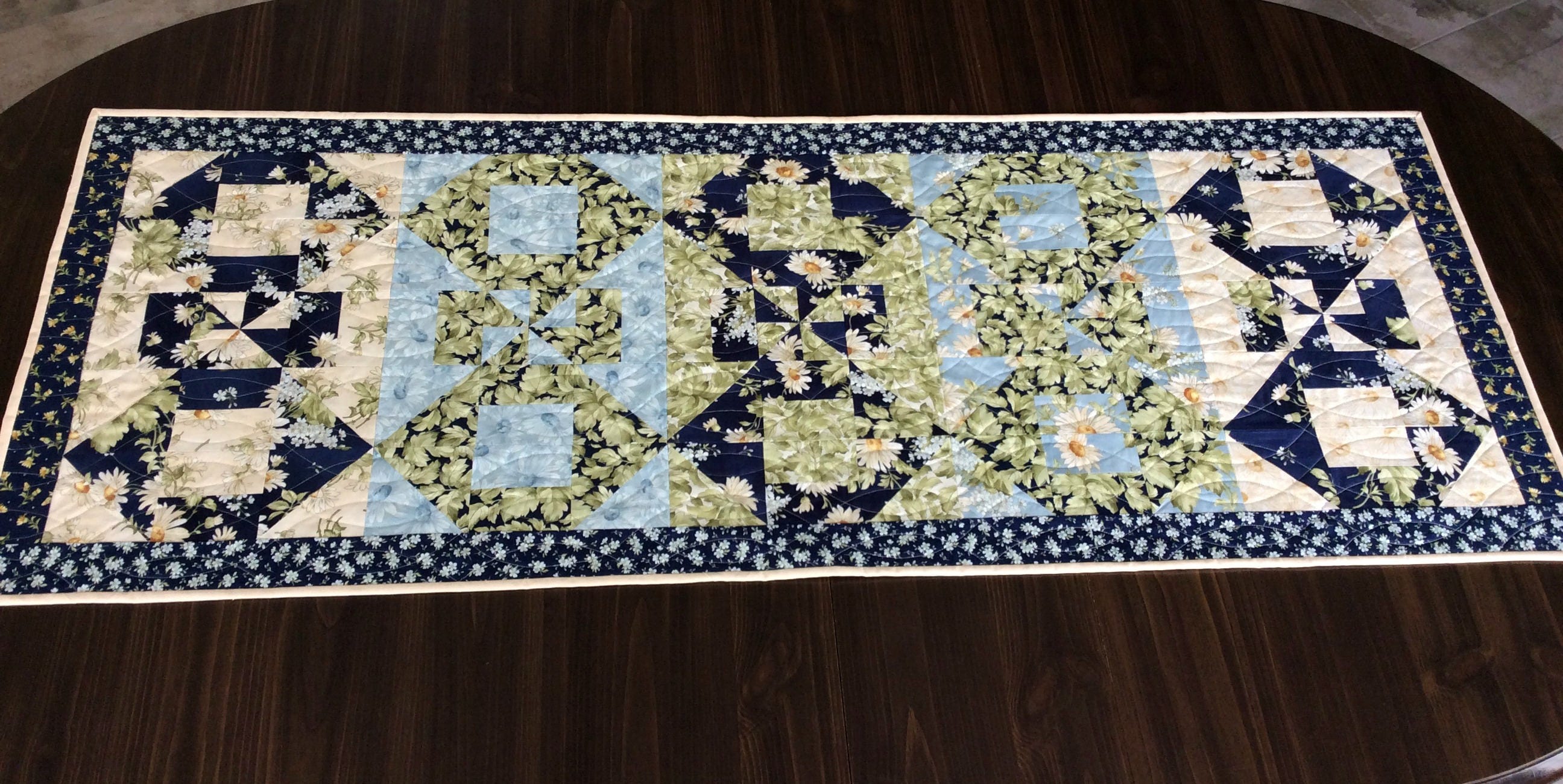 Floral Quilted Table Runner in Blue and Beige Fabric