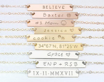 Personalized Bar Necklace Gold Engraved necklace Name Nameplate Necklace Roman numerals Wedding date necklace Coordinates necklace Kids name