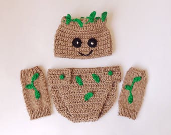 Groot Costume Hat And Diaper Cover With Leg Warmers, Groot Beanie- From Guardians of the Galaxy - Halloween / Cosplay / Baby Shower