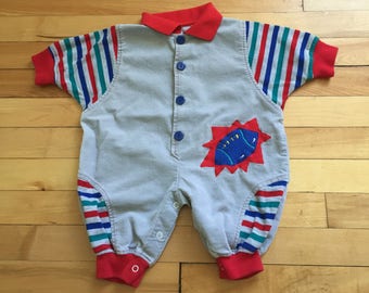 Vintage 1980s Baby Infant Boys Grey Corduroy One Piece Football Outfit Romper! Size 6 months