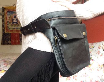 VEGAN Multi-Pocket Black Pleather Hip Bag