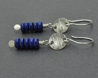 Lapis Lazuli Dangle Earrings, Blue Earrings, Oxidised Earrings, Disc Earrings, Hammered Earrings