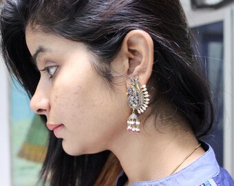 Silver Earring, Diamond Jewelry, Ruby Beads Earring, Pearl Earring, Peacock Earring, Black Oxidize Earring, Gift For Her, 925 Earring