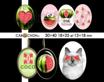 Coco Pasteque • 45 Images Digitales OVALES 30x40 18x25 13x18 mm chat pasteque fruit défendu sexe clitoris humour coeur tranche