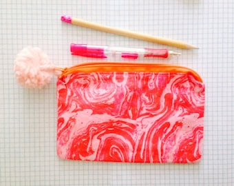 Back to School, Pencil Case, School Materials, Makeup Bag, Gift for Her, Hot Pink Pouch, Pom Poms , Marble