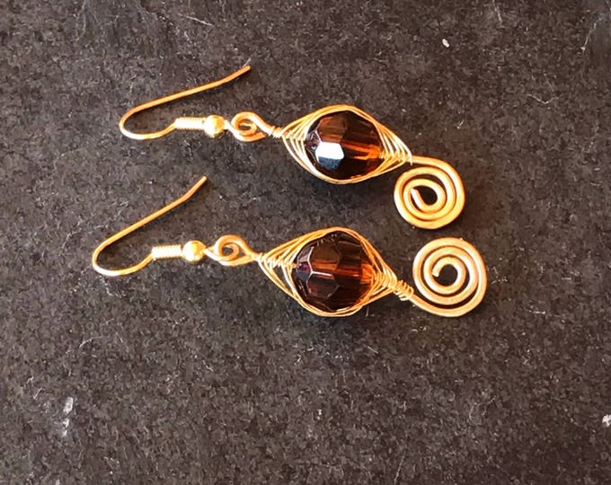 Brown Gold Drop Earrings, Small Unique Wire Wrapped Dangle, Gold Brown Earrings, Brow Wire Wrapping Jewelry, Gold and Brown Earrings