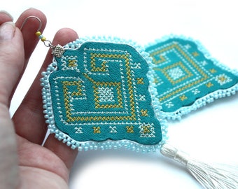 Turquoise Leather Tassel Earrings, Statement Beaded Earrings, White Tassel Earrings, Leather Embroidery Earrings, Big Earrings, Bleu Ciel
