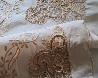 Antique french tea tablecloth, 1930s, Venice lace and embroideries, handwork