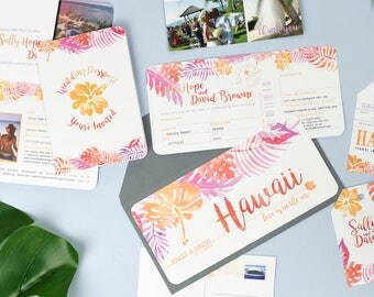 Hot Pink & Orange Tropical Wedding Invites perfect for a Destination Wedding in Hawaii