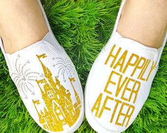 Happily Ever After, Disney, Castle, Disneyland, Disneyworld, women's shoes, slip ons, tinkerbell, mickey mouse, minnie mouse, disney princes
