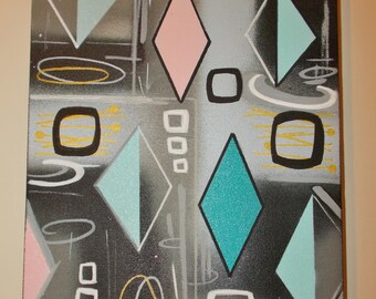 Mid Century Modern 'Wide Diamonds' Pink Turquoise Original Painting