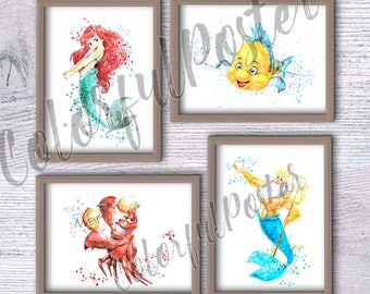 Ariel art print Little Mermaid set of 4 Flounder Sebastian illustrations Disney watercolor poster Disney wall decor Nursery room decor V205