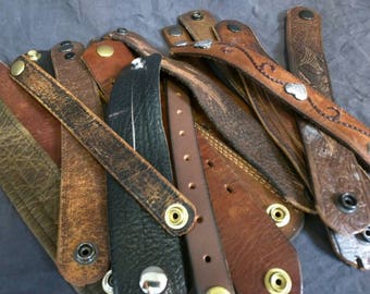 One dozen recycled leather cuff bracelet plain/tooled leather rustic snap vintage primitive XS/S/M/L/XL any size brown black assorted