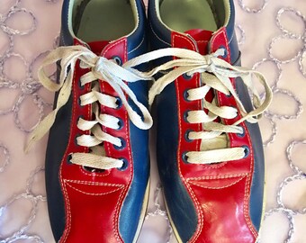 Vintage red white and blue bowling leather shoes / size women's 8.5 / free shipping