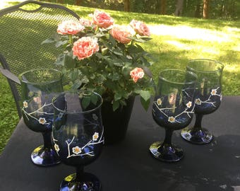 Vintage Indigo Blue Goblets Set Vintage Glassware Hand Painted Blooms Stemware Set of 4
