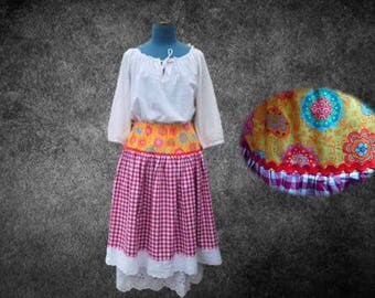 Long skirt/petticoat in red and white gingham and lace Bohemian style