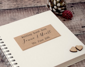 Classic Rustic Wedding Guest Book with Wooden Hearts, Personalised, Handmade, Scrapbook or Photobooth Guestbook
