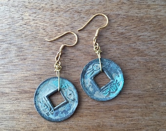 Ancient Chinese Coin Earrings, Authentic Antique Chinese Old Coin Earrings, Antique Chinese Old Coin Xin Dynasty (9 A.D. - 23 A.D) Earrings